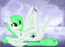 Size: 2364x1700 | Tagged: safe, artist:kawaiizhele, derpibooru import, oc, oc:sparrow gale, unofficial characters only, butterfly, insect, pegasus, pony, commission, female, green mane, image, jewelry, mare, necklace, pegasus oc, png, solo, wings, ych result