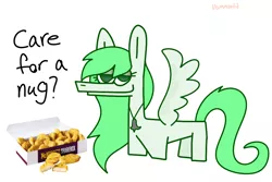 Size: 900x600 | Tagged: safe, artist:vommutt, derpibooru import, oc, oc:sparrow gale, unofficial characters only, pegasus, pony, chicken meat, chicken nugget, commission, female, food, green mane, image, jewelry, mare, meat, necklace, pegasus oc, png, shitposting, solo, wings, ych result