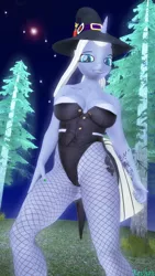 Size: 2160x3840 | Tagged: suggestive, artist:kevhon, derpibooru import, oc, oc:dejavecu, anthro, unicorn, 3d, clothes, commission, female, fishnets, hat, image, leotard, looking at you, nail polish, night, pine tree, png, solo, solo female, source filmmaker, tree, witch hat, ych result