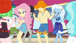 Size: 600x338 | Tagged: safe, derpibooru import, screencap, captain planet, fluttershy, octavia melody, paisley, trixie, valhallen, watermelody, equestria girls, equestria girls series, i'm on a yacht, spoiler:eqg series (season 2), animated, dancing, gif, image