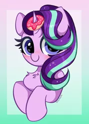 Size: 3314x4624 | Tagged: safe, artist:kittyrosie, derpibooru import, starlight glimmer, pony, unicorn, blushing, chest fluff, cute, donut, food, glimmerbetes, gradient background, heart eyes, horn, horn impalement, image, looking at you, png, wingding eyes