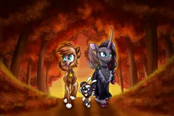 Size: 3600x2400 | Tagged: safe, artist:redahfuhrerking, derpibooru import, oleander (tfh), classical unicorn, fairy, sheep, unicorn, wolf, them's fightin' herds, autumn, clothes, cloven hooves, community related, costume, duo, duo female, evening, female, forest, halloween, halloween costume, holiday, image, leonine tail, png, pom (tfh), puppy, tree, unshorn fetlocks
