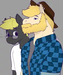 Size: 3463x4131 | Tagged: safe, artist:almy, derpibooru import, oc, oc:chase, oc:trestle, anthro, earth pony, beard, facial hair, hat, humor, image, meme, png