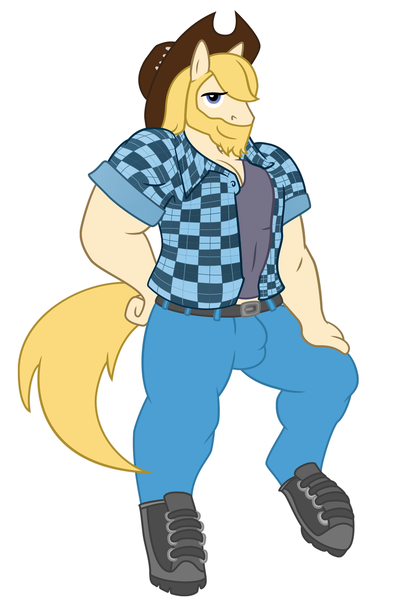 Size: 1400x2000 | Tagged: safe, anonymous artist, derpibooru import, oc, oc:chase, anthro, earth pony, bara, beard, clothes, earth pony oc, facial hair, hat, image, impossibly large penis, png, third leg