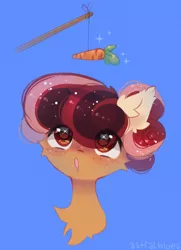 Size: 1132x1566 | Tagged: safe, artist:starrcoma, derpibooru import, oc, unofficial characters only, earth pony, pony, bust, carrot, chest fluff, drool, eyes on the prize, female, fishing rod, food, image, jpeg, mare, portrait, simple background, solo