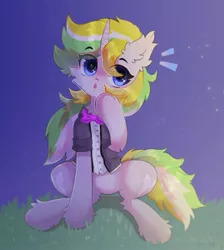 Size: 1472x1640 | Tagged: safe, artist:starrcoma, derpibooru import, oc, unofficial characters only, pony, unicorn, ambiguous gender, bowtie, clothes, ear fluff, image, jpeg, looking at you, night, sitting, solo