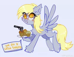 Size: 1794x1388 | Tagged: safe, artist:starrcoma, derpibooru import, derpy hooves, pegasus, pony, blushing, cupcake, ear fluff, female, food, gun, image, jpeg, mare, muffin, open mouth, simple background, solo, speech bubble, trolling, weapon, white background