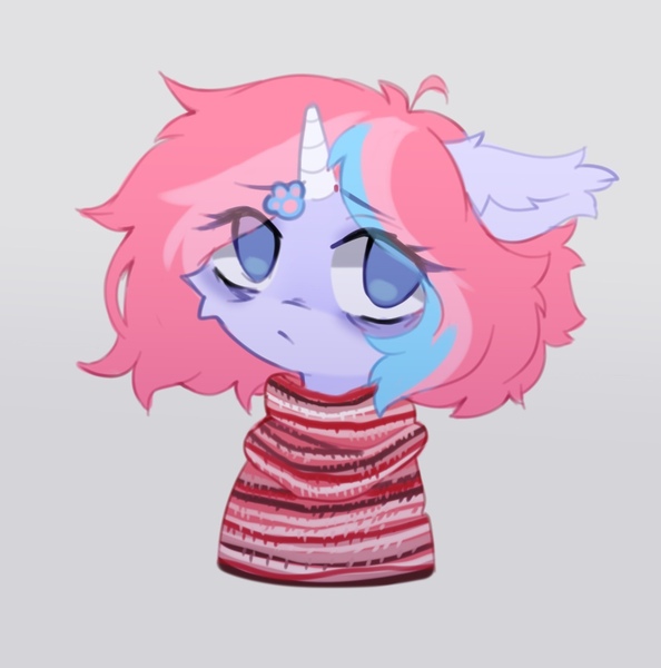 Size: 923x933 | Tagged: safe, artist:starrcoma, derpibooru import, oc, unofficial characters only, pony, unicorn, ambiguous gender, bust, clothes, floppy ears, image, jpeg, portrait, scarf, simple background, solo