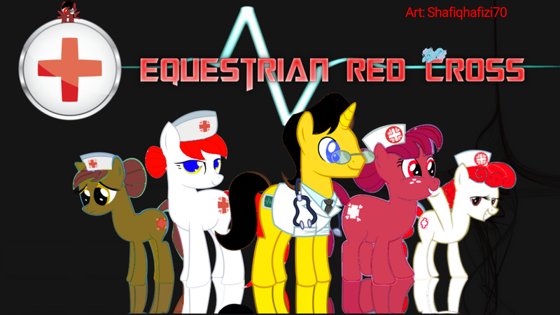 Size: 1024x576 | Tagged: safe, artist:shafiqhafizi70, derpibooru import, oc, oc:nusa, oc:salasika, ponified, earth pony, pony, unicorn, doctor, equestria, female, image, indonesia, indonisty, logo, malaysia, male, mare, nurse, nusaponycon, photo, png, red cross, stallion, unamused, waving arms