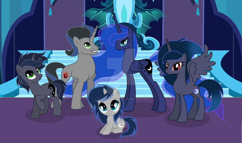 Size: 1024x605 | Tagged: safe, artist:velveagicsentryyt, derpibooru import, king sombra, princess luna, oc, oc:lunais, oc:moonlight sonata, alicorn, pony, unicorn, deviantart watermark, female, filly, good king sombra, image, jpeg, male, mare, obtrusive watermark, offspring, parent:king sombra, parent:princess luna, parents:lumbra, sombra's cutie mark, stallion, watermark