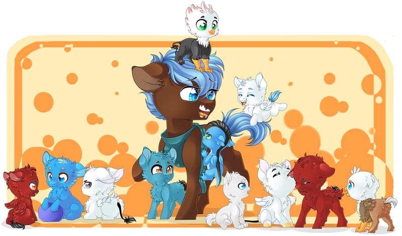 Size: 7086x4151 | Tagged: safe, alternate version, artist:schokocream, derpibooru import, oc, oc:any pony, oc:firebrand, oc:ilovekimpossiblealot, oc:lightning bliss, oc:mad munchkin, oc:silver quill, oc:tyandaga, unofficial characters only, alicorn, deer, gryphon, hippogriff, pony, alicorn oc, colt, deer oc, female, filly, flying, griffon oc, horn, image, male, mare, png, stallion, wings