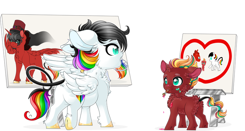 Size: 3960x2125 | Tagged: safe, artist:schokocream, derpibooru import, oc, oc:lightning bliss, oc:toonkriticy2k, alicorn, pony, alicorn oc, colt, drawing, female, hat, heart, horn, image, male, mare, multicolored hair, png, rainbow hair, simple background, stallion, top hat, white background, wings