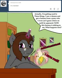 Size: 2000x2500 | Tagged: safe, artist:renatethepony, derpibooru import, oc, oc:raven quill, unofficial characters only, pony, unicorn, ask, banana, bookshelf, bust, eating, food, glasses, glow, glowing horn, horn, image, indoors, jpeg, magic, male, stallion, telekinesis