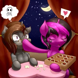 Size: 2500x2500 | Tagged: safe, artist:renatethepony, derpibooru import, oc, oc:raven quill, unofficial characters only, pony, unicorn, bust, chocolate, crescent moon, female, food, glasses, heart, hoof in mouth, image, jpeg, male, mare, moon, pictogram, skull, stallion, transparent moon, wide eyes