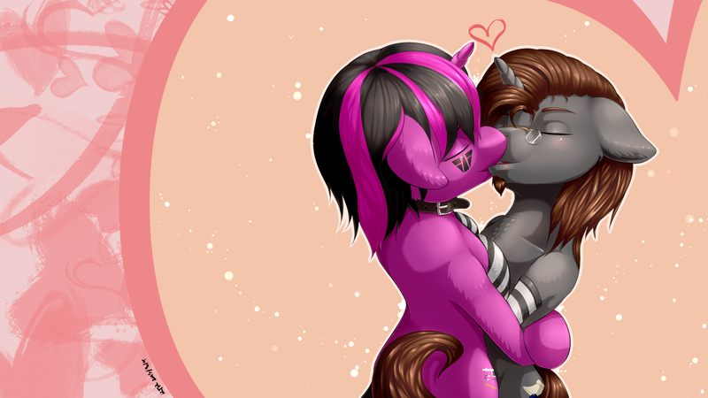 Size: 2844x1600 | Tagged: safe, artist:renatethepony, derpibooru import, oc, oc:raven quill, unofficial characters only, pony, unicorn, collar, eyes closed, heart, horn, hug, image, kissing, male, oc x oc, png, shipping, stallion, unicorn oc