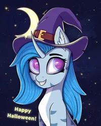 Size: 3118x3898 | Tagged: safe, artist:ingolf arts, derpibooru import, oc, oc:pearl wave, original species, pony, shark, shark pony, unicorn, bust, clothes, crescent moon, cute, female, fish tail, grin, halloween, hat, hight res, holiday, horn, image, looking at you, mare, moon, night, png, simple background, smiling, smiling at you, solo, stars, tail, witch, witch hat