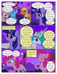 Size: 612x792 | Tagged: safe, artist:newbiespud, derpibooru import, edit, edited screencap, screencap, applejack, pinkie pie, princess celestia, rainbow dash, twilight sparkle, twilight sparkle (alicorn), alicorn, earth pony, pegasus, pony, unicorn, comic:friendship is dragons, magical mystery cure, applejack's hat, comic, cowboy hat, dialogue, eyelashes, eyes closed, female, golden oaks library, hat, hoof hold, hoof shoes, image, jewelry, library, mare, night, open mouth, outdoors, png, screencap comic, smiling, spit take, spitting, stars, tiara