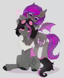Size: 1311x1598 | Tagged: safe, artist:astralblues, derpibooru import, oc, unofficial characters only, bat pony, earth pony, pony, bat pony oc, bat wings, cute, cute little fangs, ear piercing, earring, fangs, floating heart, glasses, heart, image, jewelry, jpeg, oc x oc, piercing, shipping, simple background, sitting, wing piercing, wings