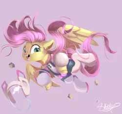 Size: 1280x1200 | Tagged: safe, artist:sketchiix3, derpibooru import, fluttershy, pegasus, pony, crossover, floating, image, my hero academia, ochako uraraka, png, ponytober, solo, uravity's hero costume