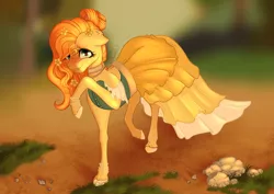 Size: 900x637 | Tagged: safe, artist:nuumia, derpibooru import, pear butter, pony, clothes, dress, image, jpeg, solo