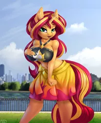 Size: 3306x4000 | Tagged: safe, artist:pony-way, derpibooru import, sunset shimmer, anthro, unicorn, clothes, female, image, looking at you, png, solo, summer sunset