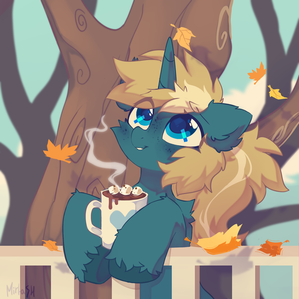 Size: 2000x2000 | Tagged: safe, artist:mirtash, derpibooru import, oc, oc:maple parapet, unofficial characters only, pony, unicorn, autumn, chocolate, cup, fence, food, hot chocolate, image, leaves, looking up, png, solo, tree, unshorn fetlocks