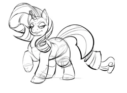 Size: 645x476 | Tagged: safe, artist:calorie, derpibooru import, rarity, pony, unicorn, female, grayscale, image, lidded eyes, mare, monochrome, png, raised hoof, simple background, sketch, solo, white background