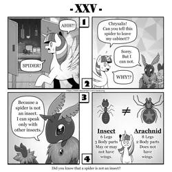 Size: 1200x1200 | Tagged: safe, artist:vavacung, derpibooru import, queen chrysalis, spike, twilight sparkle, twilight sparkle (alicorn), alicorn, ant, dragon, insect, moth, spider, comic:out of chrysalis, female, image, male, monochrome, png, species swap