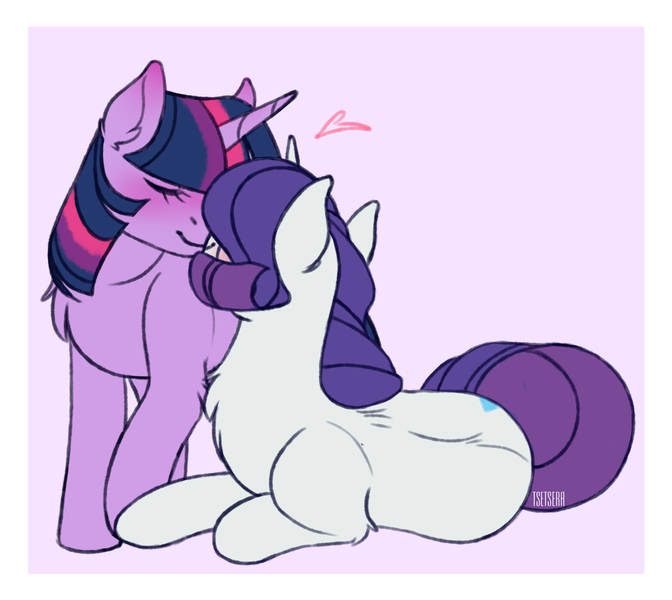 Size: 2048x1829 | Tagged: safe, artist:tsetsera, derpibooru import, rarity, twilight sparkle, unicorn, blushing, female, heart, image, kissing, lesbian, png, rarilight, shipping