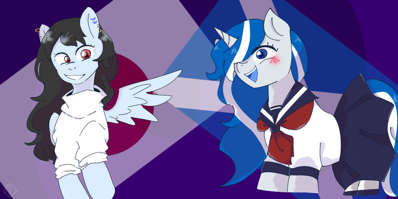 Size: 1536x768 | Tagged: safe, artist:metaruscarlet, derpibooru import, oc, oc:anime-chan, oc:balmoral, unofficial characters only, pegasus, pony, unicorn, blushing, clothes, clothes swap, duo, ear piercing, earring, female, flag, grin, hair over one eye, happy birthday mlp:fim, image, japan, japanese, jewelry, mare, mlp fim's eleventh anniversary, moon runes, national flag, necktie, open mouth, piercing, png, sailor uniform, school uniform, scotland, scottish, skirt, smiling, socks, striped socks, sweater, uniform