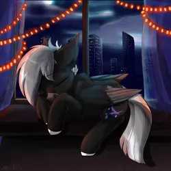 Size: 1594x1594 | Tagged: safe, artist:yuris, derpibooru import, oc, oc:midnight serenity, unofficial characters only, pegasus, pony, curtains, garland, image, male, night, png, skyscrapers, sleeping, solo, storm, town, window