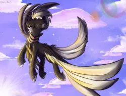 Size: 2020x1536 | Tagged: safe, artist:yuris, derpibooru import, oc, oc:midnight serenity, unofficial characters only, pegasus, pony, clothes, cloud, image, male, png, scarf, sky, smiling, solo