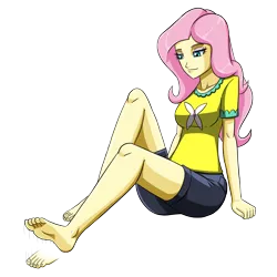 Size: 3600x3600 | Tagged: safe, artist:artemis-polara, derpibooru import, fluttershy, equestria girls, barefoot, breasts, clothes, commission, feet, foot tapping, image, png, shirt, shorts, simple background, solo, tapping, transparent background