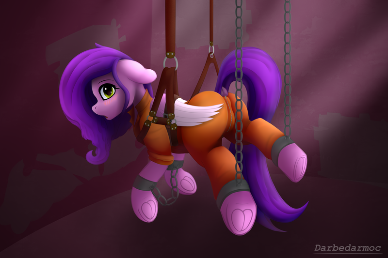 Size: 3072x2048 | Tagged: questionable, artist:darbedarmoc, derpibooru import, pipp petals, pegasus, pony, spoiler:g5, bdsm, blushing, butt, chains, clothes, colored wings, dock, frog (hoof), g5, image, jail, jumpsuit, leather straps, looking at you, plot, png, prison, shackles, solo, tail, two toned wings, underhoof, wings, zipper