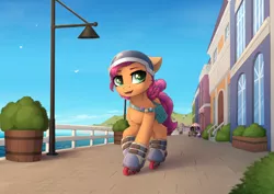 Size: 4000x2830 | Tagged: safe, artist:dipfanken, derpibooru import, sunny starscout, earth pony, pony, my little pony: a new generation, spoiler:my little pony: a new generation, female, g5, gonna be my day, helmet, image, mare, open mouth, png, roller skates, rollerblades, scene interpretation, solo