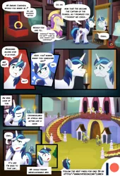 Size: 3540x5205 | Tagged: safe, artist:whitequartztheartist, derpibooru import, princess cadance, shining armor, pegasus, pony, unicorn, comic:the princess of love, :artist:lummh, absurd resolution, barracks, canterlot, canterlot castle, comic, guard, image, jewelry, male, mirror, multiple characters, open mouth, png, proud, ring, room, smiling, stallion, wedding ring, worried, young shining armor