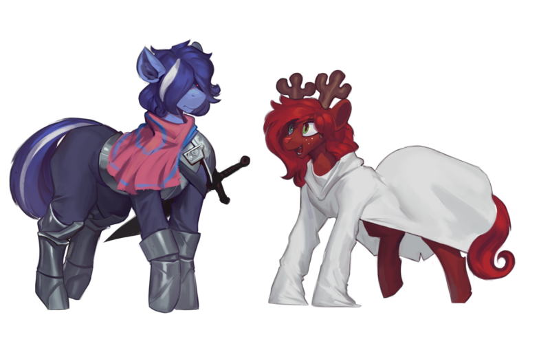 Size: 2170x1337 | Tagged: safe, artist:nsilverdraws, derpibooru import, oc, oc:harmony, oc:rose tinder, earth pony, pony, armor, cape, clothes, costume, deer antlers, deer nose, deltarune, dress, earth pony oc, freckles, image, kris, long sleeves, noelle, oc x oc, png, shipping