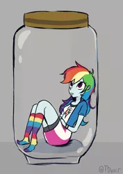 Size: 1446x2039 | Tagged: safe, artist:tacoman dusct, derpibooru import, rainbow dash, equestria girls, clothes, image, jar, missing shoes, png, simple background, sitting, socks, solo, striped socks