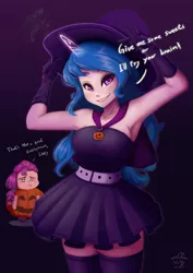 Size: 706x1000 | Tagged: safe, artist:the-park, ponybooru import, izzy moonbow, sunny starscout, human, my little pony: a new generation, :c, armpits, breasts, clothes, costume, dialogue, dress, duo, female, food, food costume, frown, g5, gloves, gradient background, halloween, hat, holiday, humanized, image, jack-o-lantern, jpeg, lidded eyes, long gloves, looking at you, pouting, pumpkin, smiling, stockings, thigh highs, witch costume, witch hat