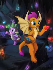 Size: 2400x3131 | Tagged: safe, artist:sirzi, derpibooru import, smolder, spike, dragon, basket, cave, commission, dragoness, duo, female, gem, gem cave, image, png, spread wings, winged spike, wings