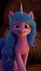 Size: 450x770 | Tagged: safe, derpibooru import, screencap, izzy moonbow, pony, unicorn, my little pony: a new generation, spoiler:my little pony: a new generation, animated, cropped, female, g5, gif, image, mare, smiling, solo