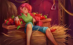 Size: 3840x2400 | Tagged: safe, artist:sant25, derpibooru import, apple bloom, human, apple, barn, food, hay bale, humanized, image, jpeg, solo