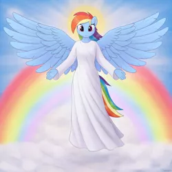 Size: 3500x3500 | Tagged: safe, artist:irisarco, derpibooru import, rainbow dash, anthro, pegasus, angelic, clothes, cloud, day, dress, ear fluff, female, flying, halo, image, looking at you, outdoors, png, rainbow, sky, smiling, solo, spread wings, standing, watermark, wings