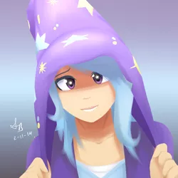 Size: 1000x1000 | Tagged: safe, artist:sketchbookfim, artist:suketchib, derpibooru import, trixie, human, covering, female, gradient background, humanized, image, light skin, looking at you, png, smiling, solo