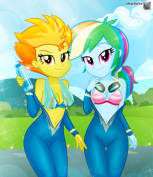 Size: 952x1099 | Tagged: suggestive, artist:charliexe, derpibooru import, rainbow dash, spitfire, equestria girls, belly button, clothes, duo, duo female, equestria girls-ified, female, image, jpeg, looking at you, uniform, wonderbolts uniform