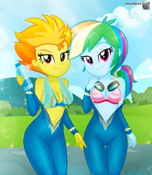 Size: 952x1099 | Tagged: suggestive, artist:charliexe, derpibooru import, rainbow dash, spitfire, equestria girls, belly button, clothes, duo, duo female, equestria girls-ified, female, image, jpeg, looking at you, uniform, wonderbolts uniform