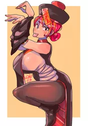 Size: 1400x2000 | Tagged: suggestive, artist:sozglitch, derpibooru import, sunset shimmer, human, undead, alternate hairstyle, big breasts, breasts, busty sunset shimmer, clothes, costume, dress, female, halloween, halloween costume, hat, holiday, huge breasts, image, jiangshi, jpeg, sideboob, solo, solo female, standing, standing on one leg, thighs, tongue out