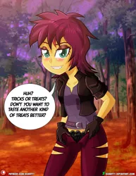 Size: 1500x1942 | Tagged: suggestive, artist:dieart77, derpibooru import, sunset shimmer, undead, vampire, costume conundrum, costume conundrum: sunset shimmer, equestria girls, equestria girls series, spoiler:choose your own ending (season 2), spoiler:eqg series (season 2), belt, black underwear, blushing, boots, clothes, costume, fangs, female, gloves, halloween, halloween costume, holiday, image, implied undressing, jacket, jeans, jpeg, laughing, leather jacket, looking at you, makeup, open pants, panties, pants, shoes, speech bubble, talking to viewer, underwear, vampire shimmer