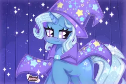 Size: 4500x3000 | Tagged: safe, artist:bunxl, derpibooru import, trixie, pony, unicorn, boast busters, :3, cape, clothes, curtains, cute, cutie mark, diatrixes, eyelashes, female, hat, horn, image, lidded eyes, mare, png, scene interpretation, smiling, solo, sparkles, stars, tail, trixie's cape, trixie's hat