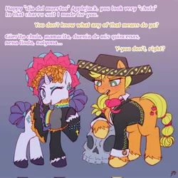 Size: 2048x2048 | Tagged: safe, artist:dorpapu, derpibooru import, applejack, catrina, rarity, earth pony, unicorn, dialogue, female, flower, flower in hair, image, jpeg, lesbian, mariachi, mariachi hat, mexico, rarijack, shipping, spanish